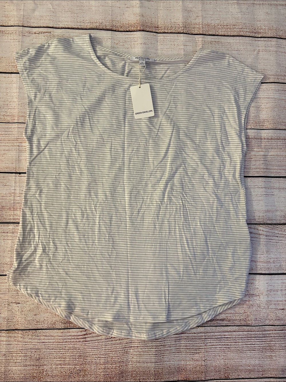Green Envelope Light Blue & White Striped Cap Sleeve Top